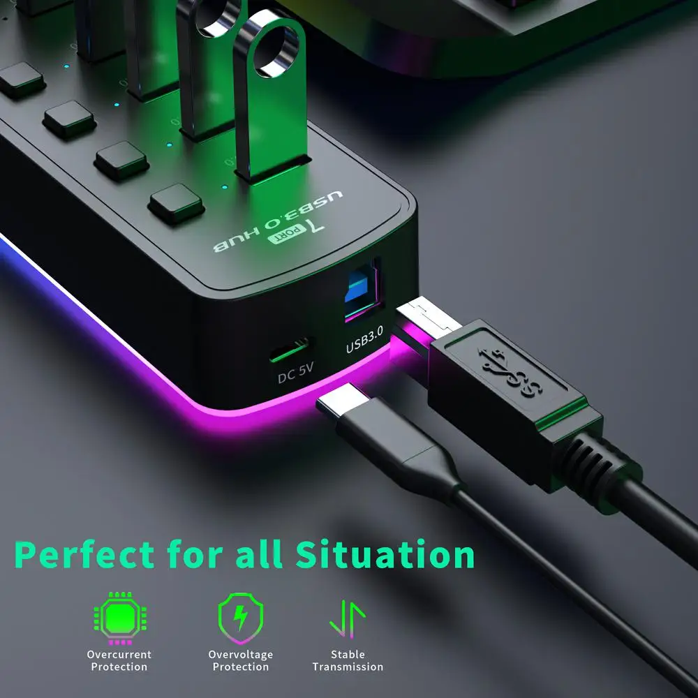 7 IN 1 RGB Desktop USB HUB 3 0 Adapter Splitter High Speed Charging USB3.0 Docking Station Control Switch For PC Laptop Macbook