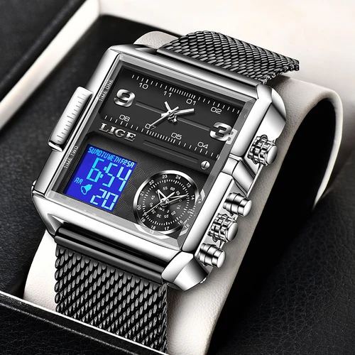Imagen 1 del producto Reloj LIGE de acero negro a la moda para hombre, reloj Digital con pantalla Dual, cronógrafo deportivo, reloj de pulsera de cuarzo resistente al agua, reloj militar para hombre
