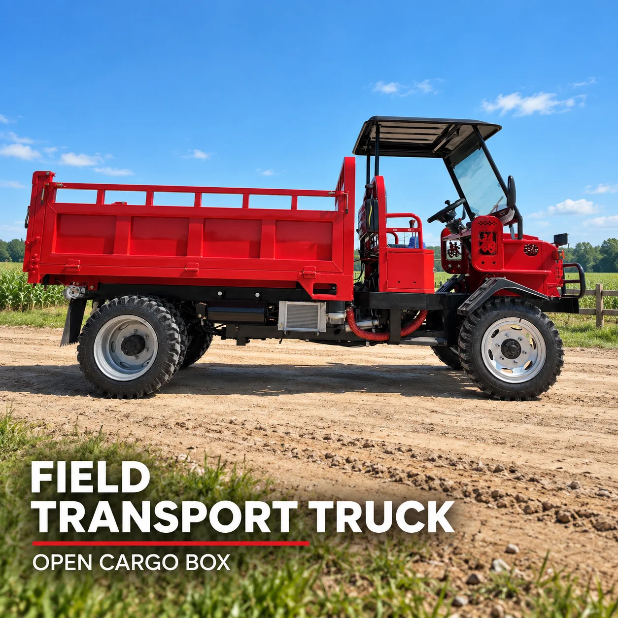 Farm Transport Truck with Red Panel Bed and Protective Front Guard for Orchard Paths
