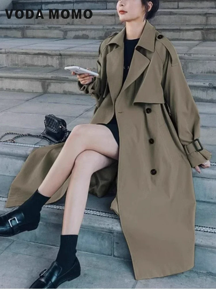 

Women 2024 New Autumn Design Belt Vintage Casual Long Coat Loose Retros Double Breasted Windbreaker Jacket Loose Korean Fashion