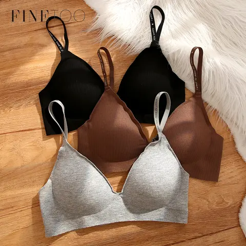 FINETOO 여성 무선 브래지어 딥 V 패딩 Bralette S-XL 트렌디 스트라이프 뜨개질 브래지어 섹시한 숙녀 브래지어 솔리드 속옷 6 색