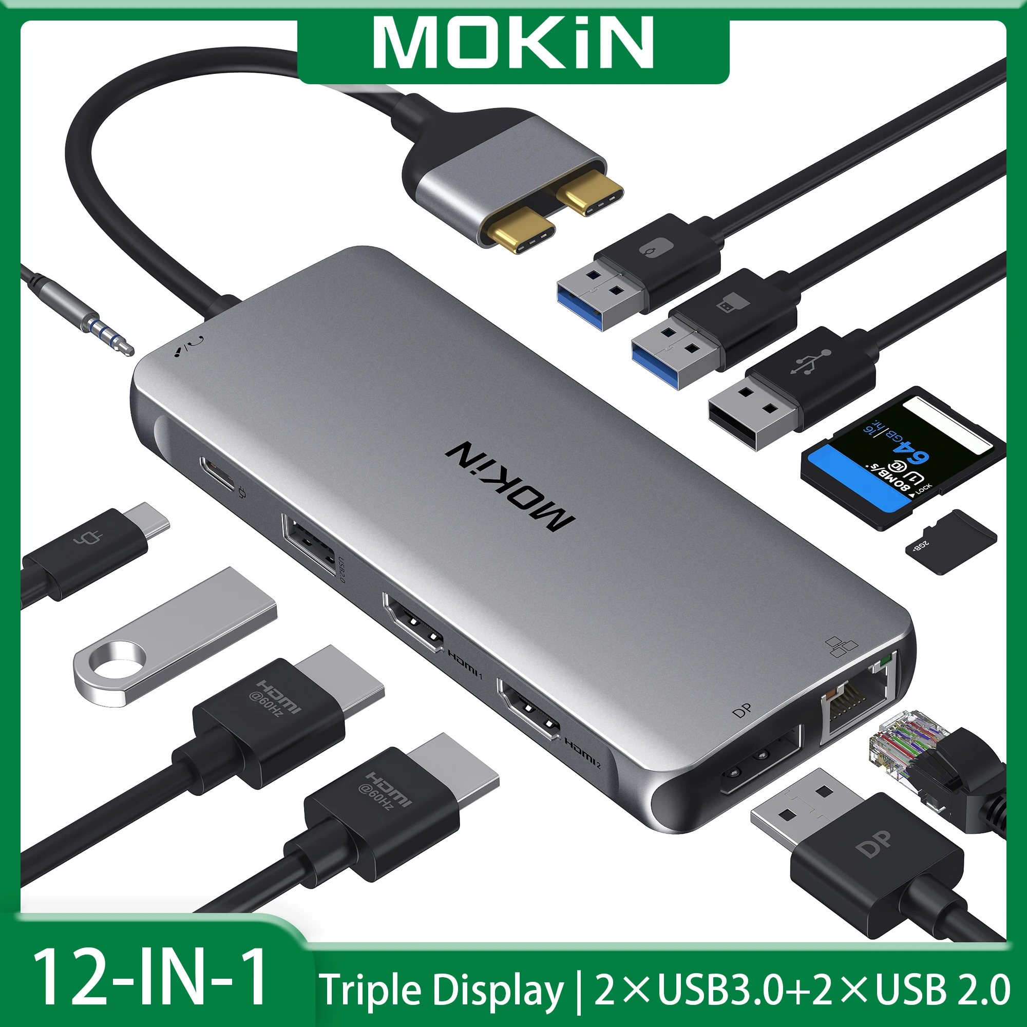 

MOKiN 12 в 1 USB-концентратор-адаптер для двойного 4K HDMI USB-концентратора для ноутбуков MacBook Pro Air Mac Аксессуары для ПК USB3.0 DP RJ45 SD/TF PD3.0