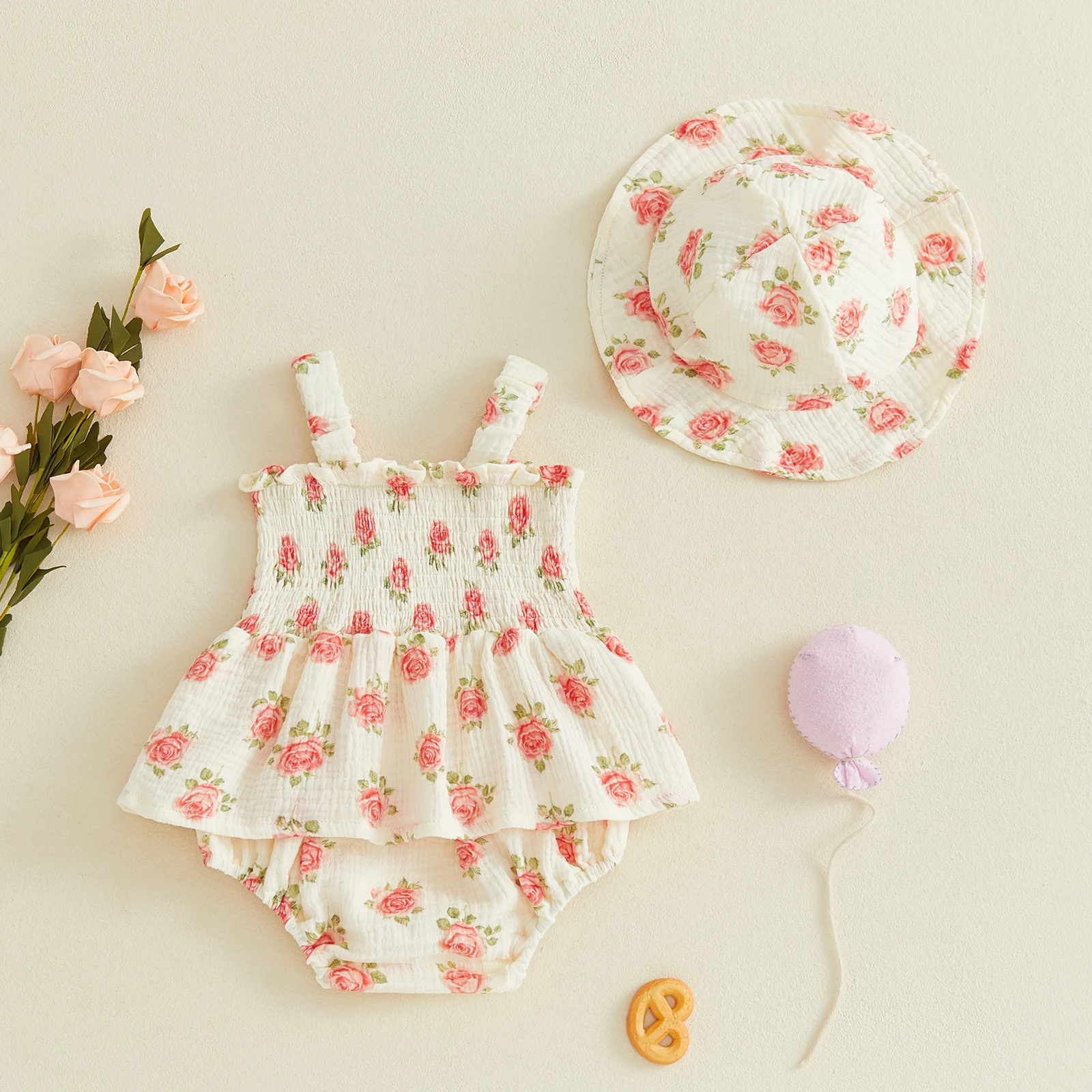 Baby Girls Romper Dress Casual Rose Print Elastic Straps Sleeveless Bodysuits Sun Hat Set Baby Clothes Outfits