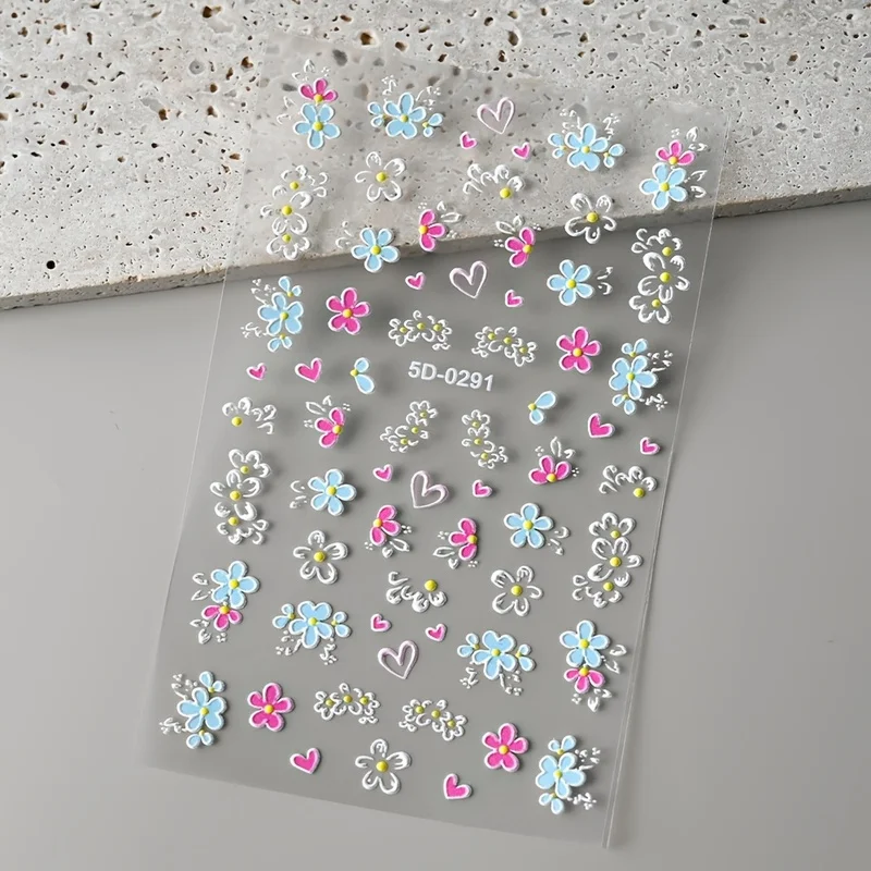 1Piece Pack 5D3D Embossed Flower Nail Stickers Pink and Blue Petals, butterfly, Heart, French Lines Acrylic Spring/Summer Floral view 6