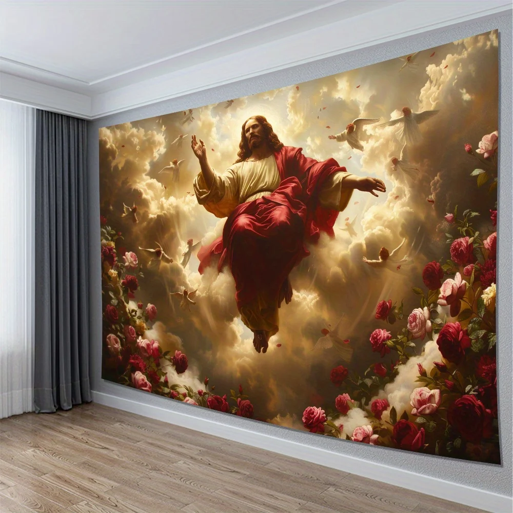 Jesus Christ Ascension Tapestry with Angels and Roses Wall Art for Living Room Bedroom Christian Decor