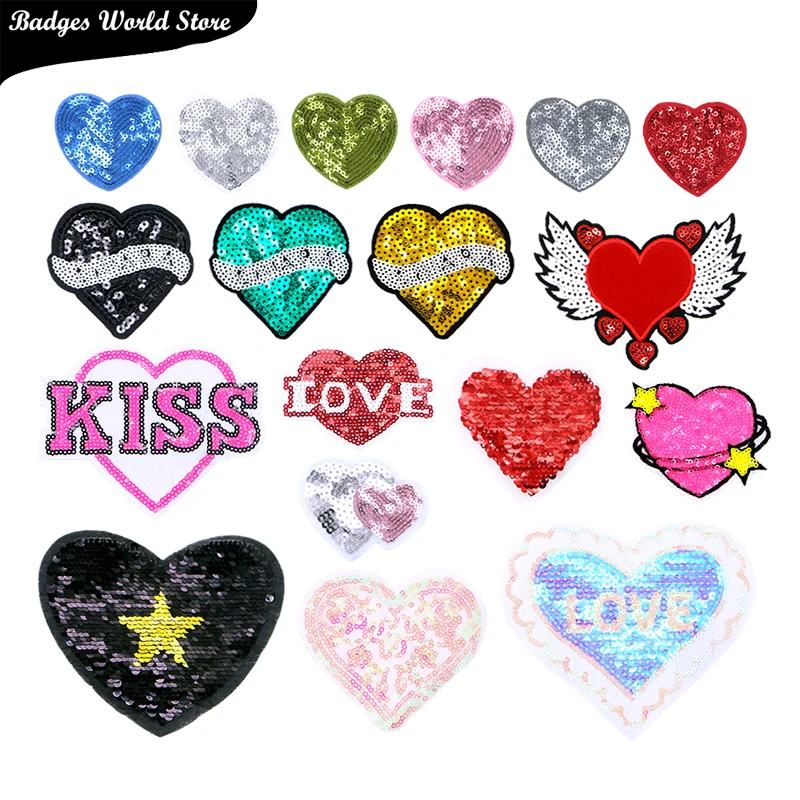 Shiny Heart-shaped Love Kiss Star Wing Sequins Icon Embroidery Applique Patches For Clothing DIY Iron on Badges on the Backpack