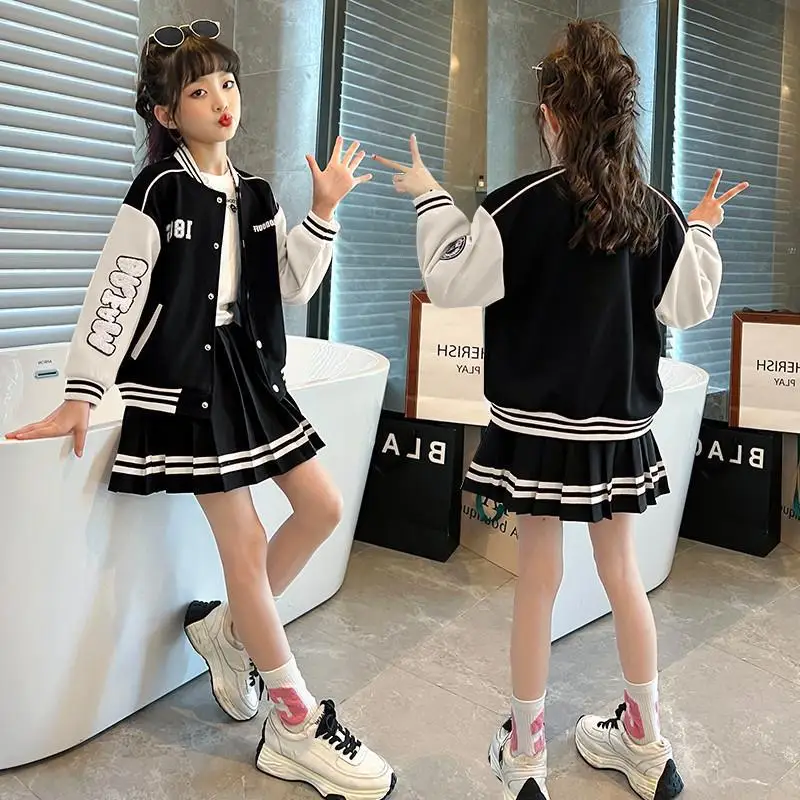 2024 autumn winter Kids Girls School JK striped jacket Hoodies + dress Skirts Suits Children set Clothes teen 8 9 12 7 year