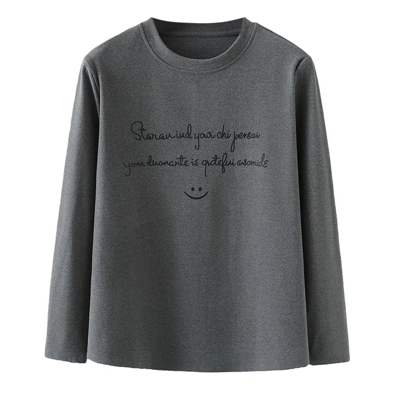 

XXXXL Модная женская одежда больших размеров, футболка, осень-зима, новый простой базовый стиль, бархатные теплые топы с длинными рукавами и принтом 763