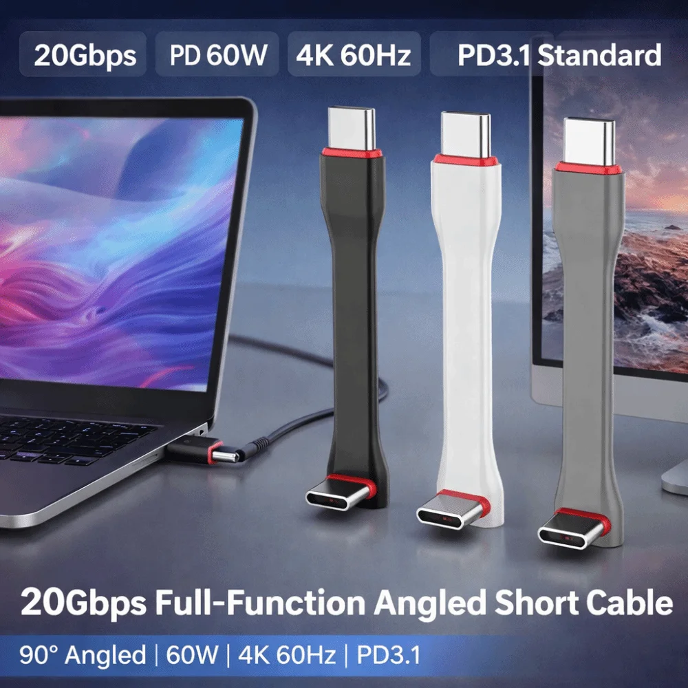 90° Angled USB Cable C to C 7.5cm 20Gbps USB C Cable High Speed Full Function 3A Charging Cable for iPhone 15/16