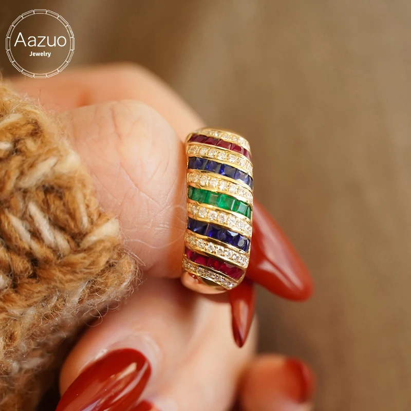 Aazuo Real Jewely 18K Solid Yellow Gold Natural Gemstone Real Diamonds Luxury Lines Rings For Girls & Women Senior Banquet Party