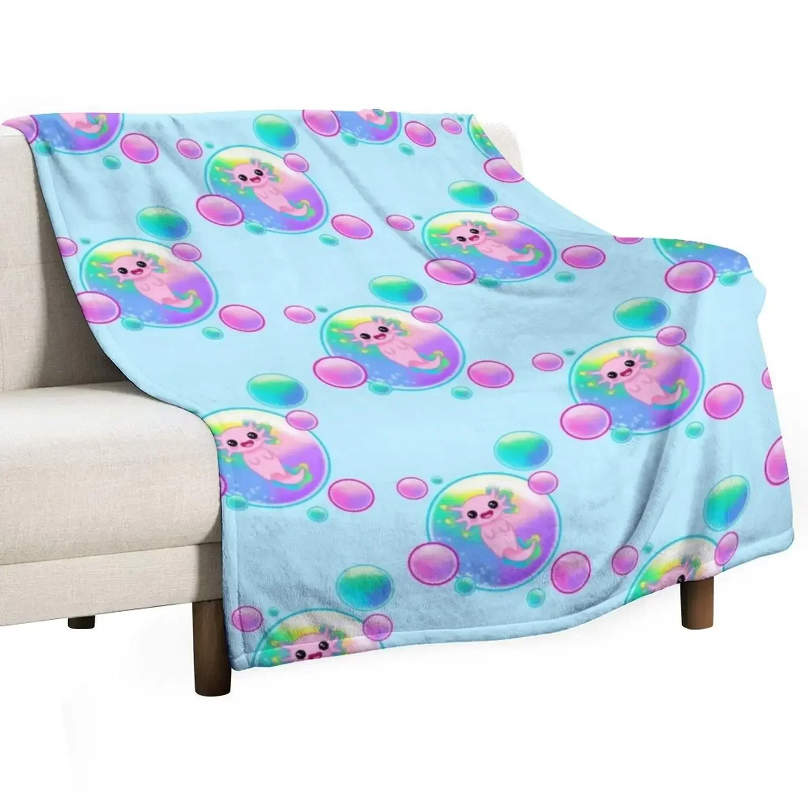 

Kawaii Axolotl with Bubbles Throw Blanket blankets ands manga Fashion Sofas Blankets