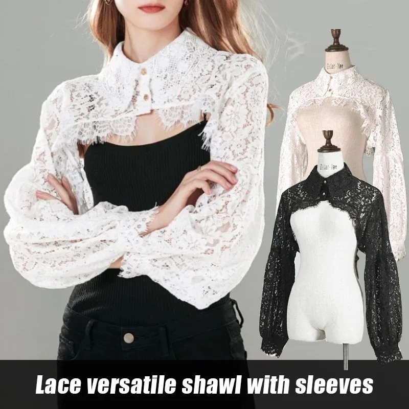 

Women Lolita Lace Floral Hollow Shrug Ruffles Collar Summer Bolero Capelet Cape Cardigan Crop Tops
