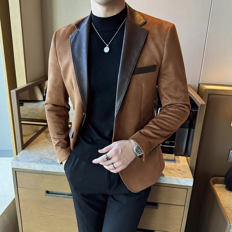 Suede Patchwork Pu Collar Jacket Blazer Suit Men Clothes Casual Business Coat Slim Fit Luxury Prom Jacket Male Autumn 4xl New