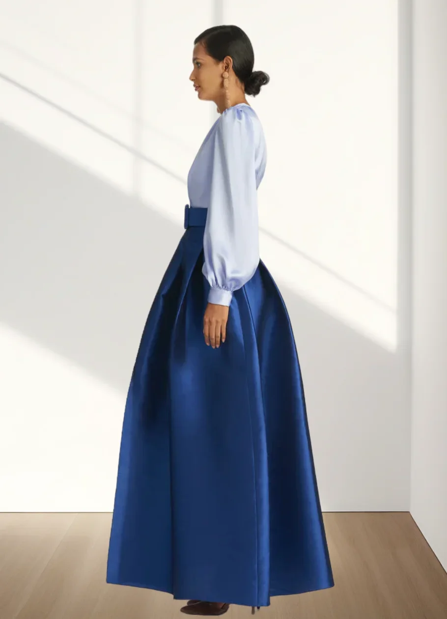 Personalizado linha a vestido de noite alta divisão vestido formal casamento convidado até o chão manga longa decote em v cinto faixa cetim com pregas