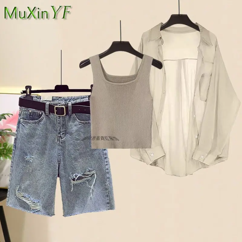 

Women's Summer New Casual Denim Short Matching Set Korean Elegant Chiffon Sunscreen Shirt+Strap+Pants Three Piece Female Suit