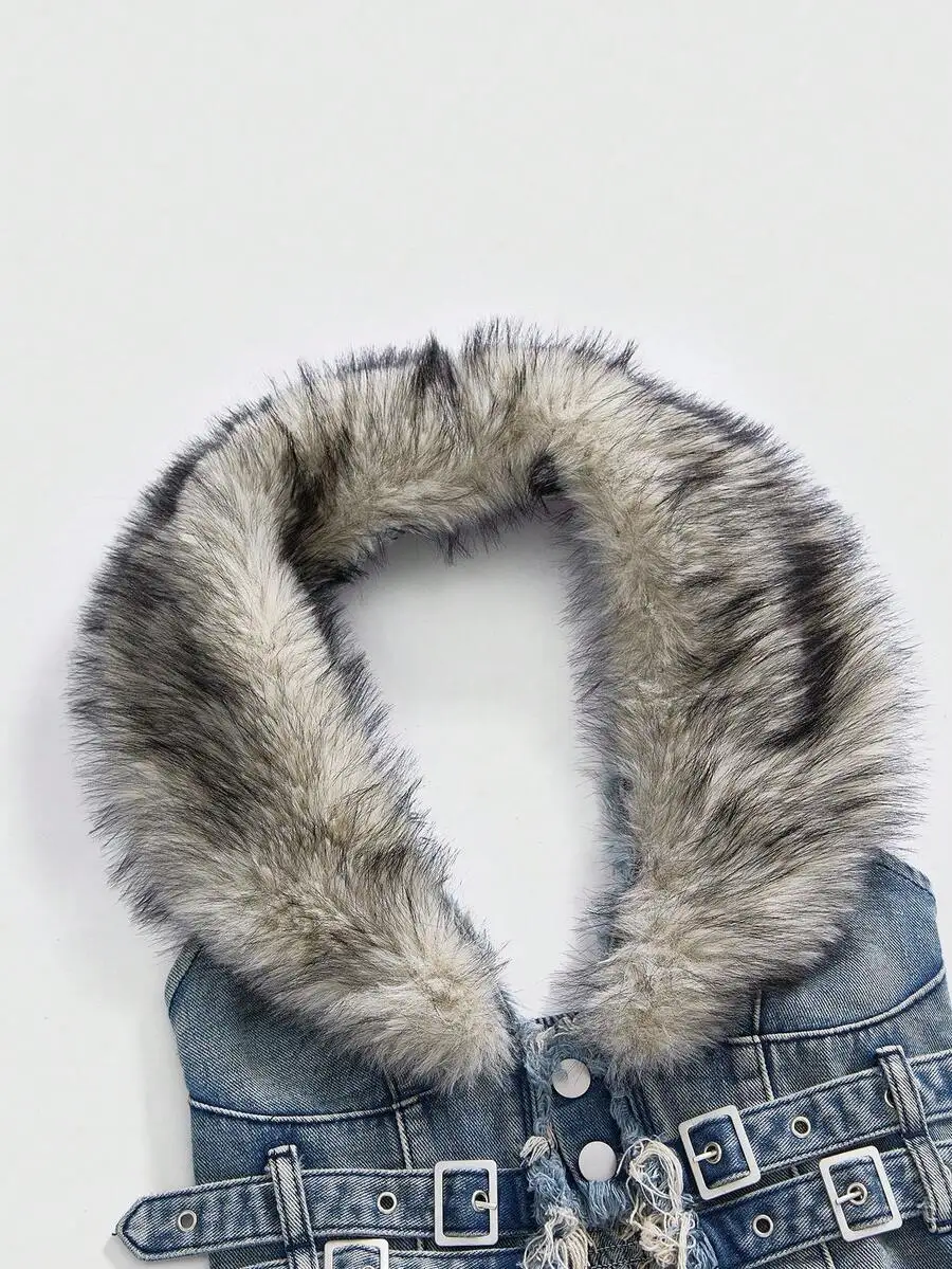 

Removable Faux Fur Collar Denim Jacket Women Y2K Hippie Style