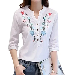 Women's Cotton Linen V-Neck Blouse, OL Shirt, Half Sleeve, White, Casual Clothes, Spring, Summer, New, Fashion, D377 30