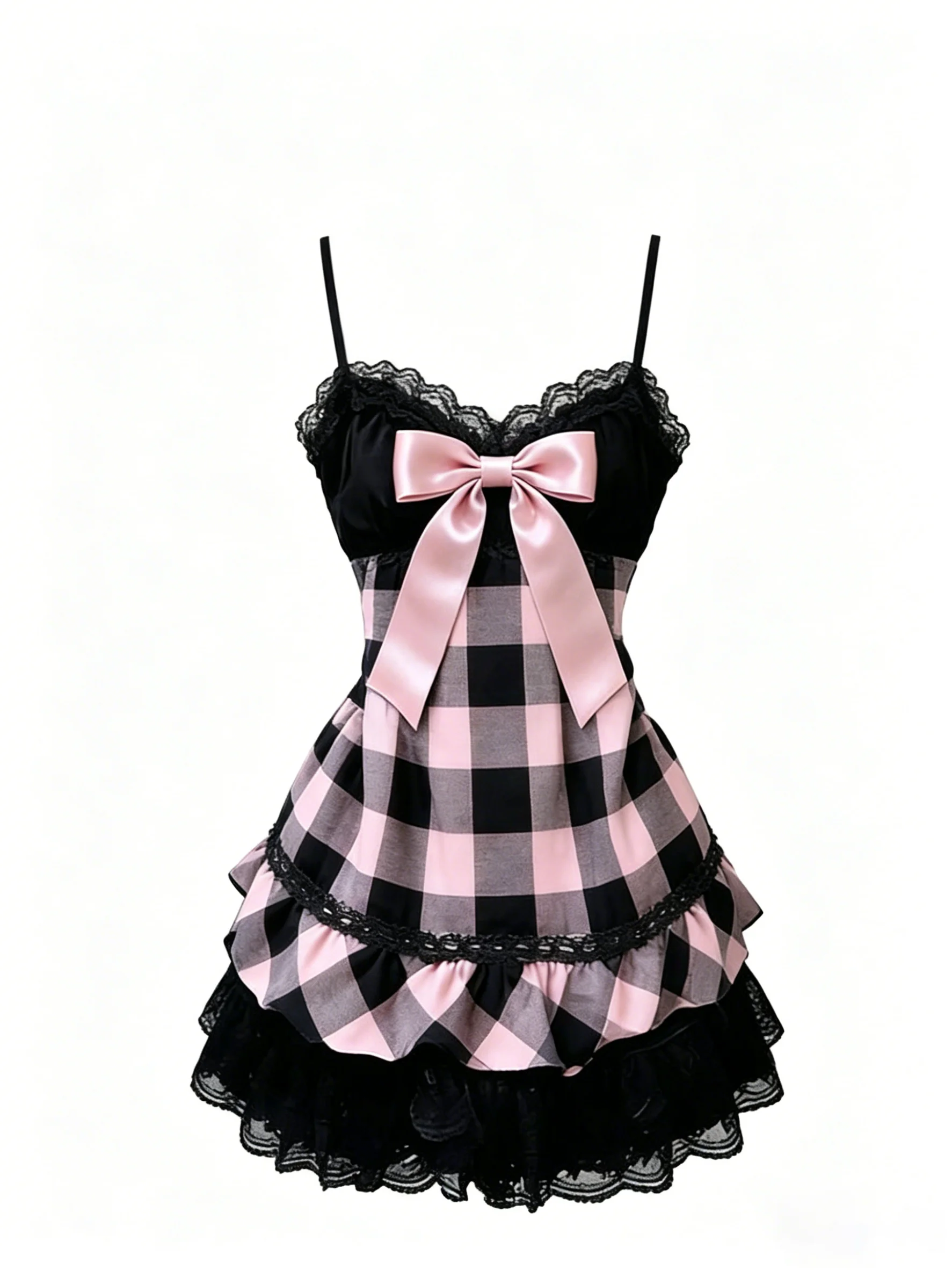 Modisches Vintage-Streetwear-Kleid in Schwarz-Rosa-Karo mit Schleife, ärmellos, figurbetont, Neckholder-Kleid, Sommer-Retro-Y2K-Kurzrock