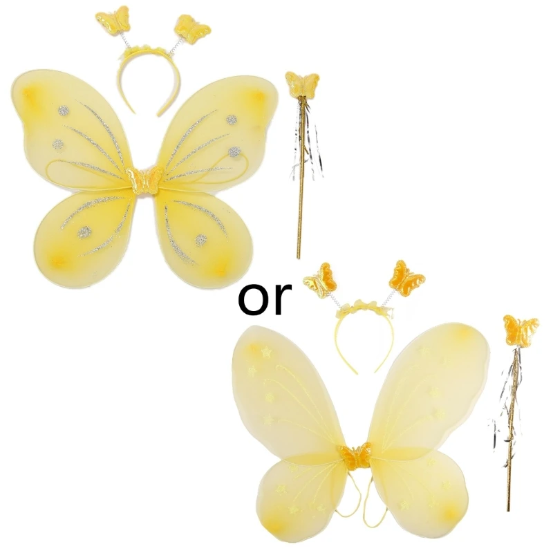 

N80C Butterfly Wings with Wand Headband Fairy Angel Wings for Halloween Parties