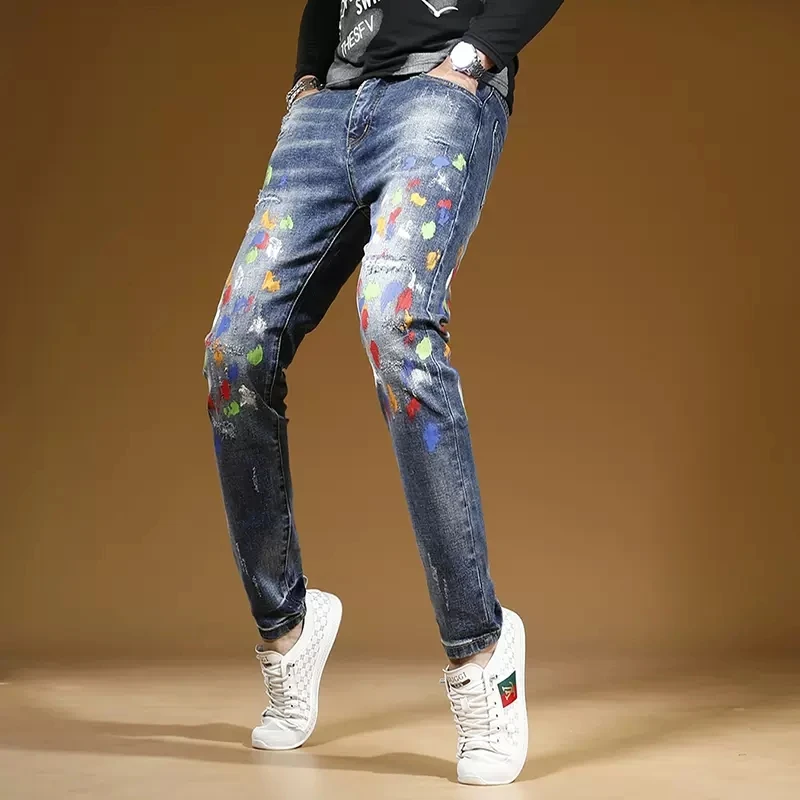 Fashion Graffiti Printed Ripped Blue Jeans Men Autumn Streetwear Slim Fit Straight Pants Casual Stretch Denim Trousers