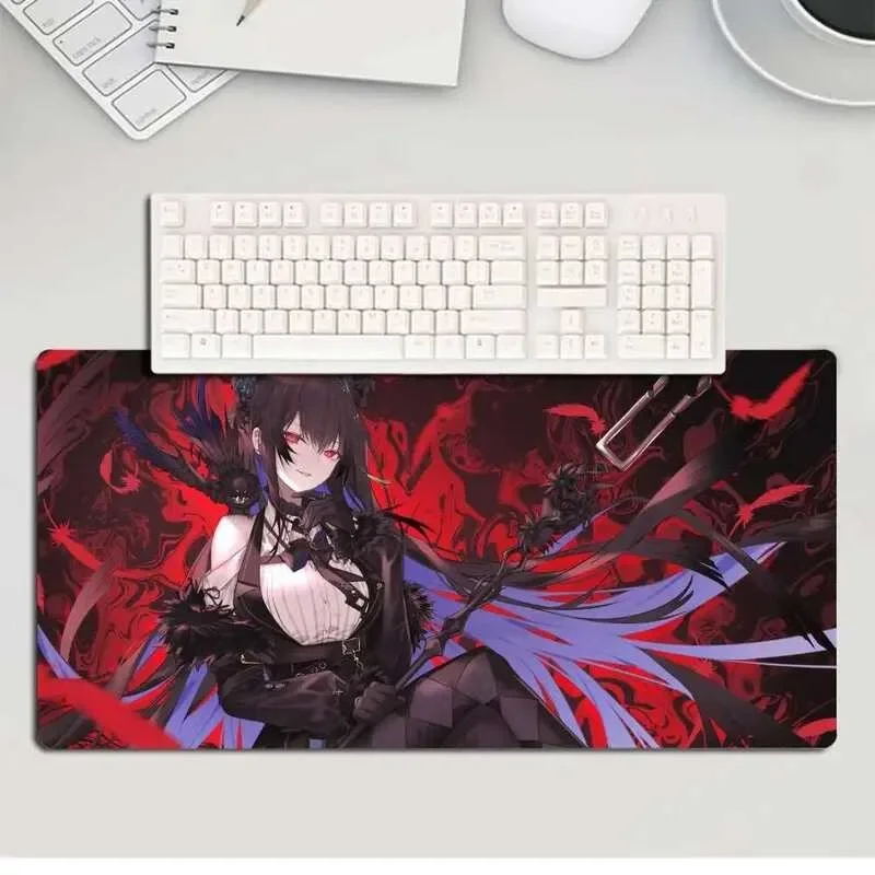 XXL Black Hair Blue-purple Highlight Winged Sound Demon Anime Girl Gaming Mouse Pad Non-Slip Rubber Stitched Desk Mat for PC