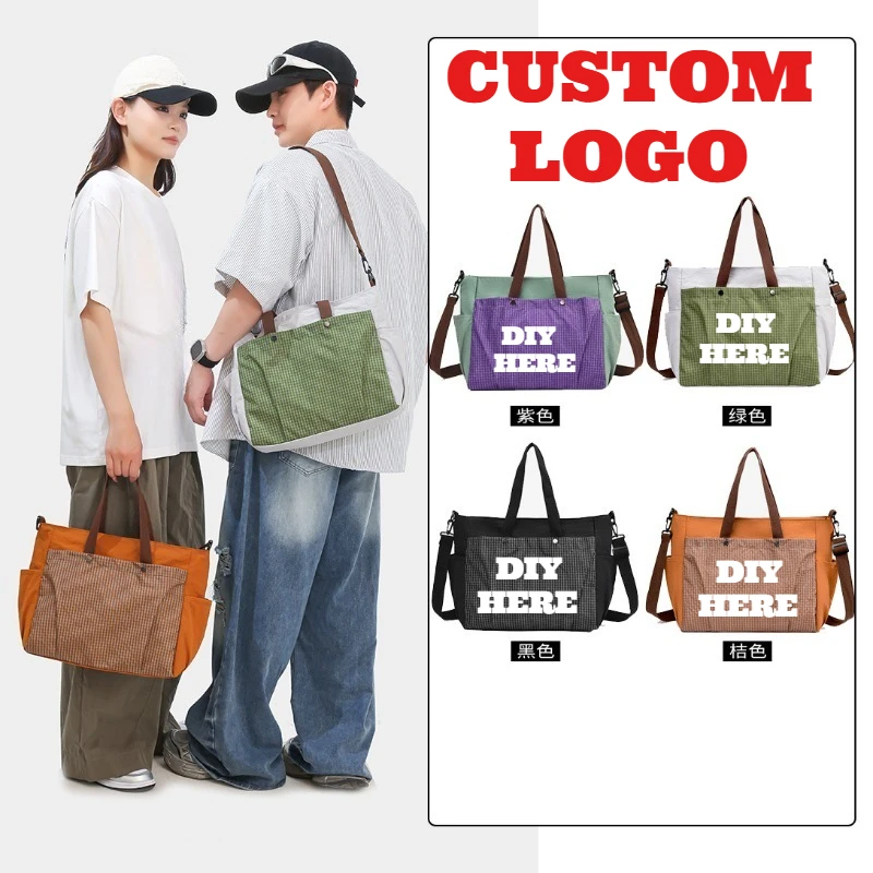 Custom Print Logo Nylon Plaid Crossbody Bag for Men and Women Casual Tote Bag Commuter Portable Large Capacity Shopping Bags