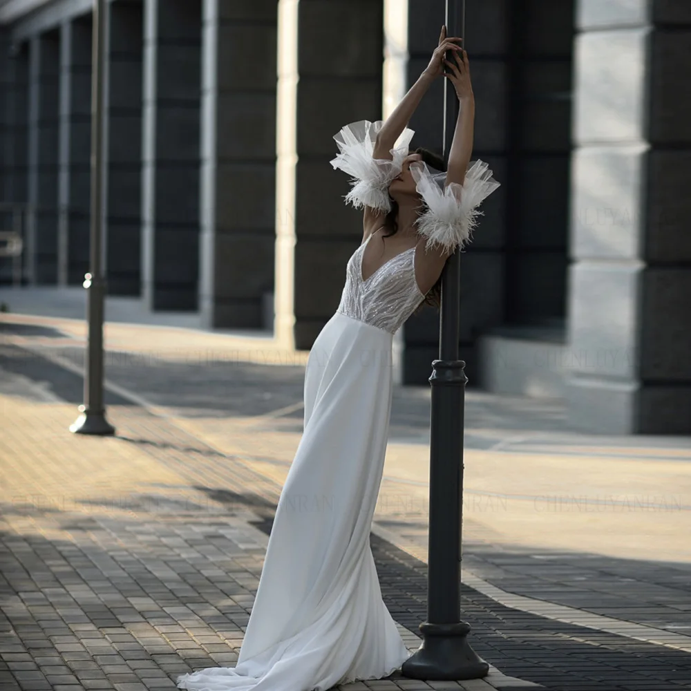 Feather V-Neck Wedding Dresses Spaghetti Strap V-Neck A-line Wedding Bride Dress Backless Dress For Women 2025 Vestidos De Novia