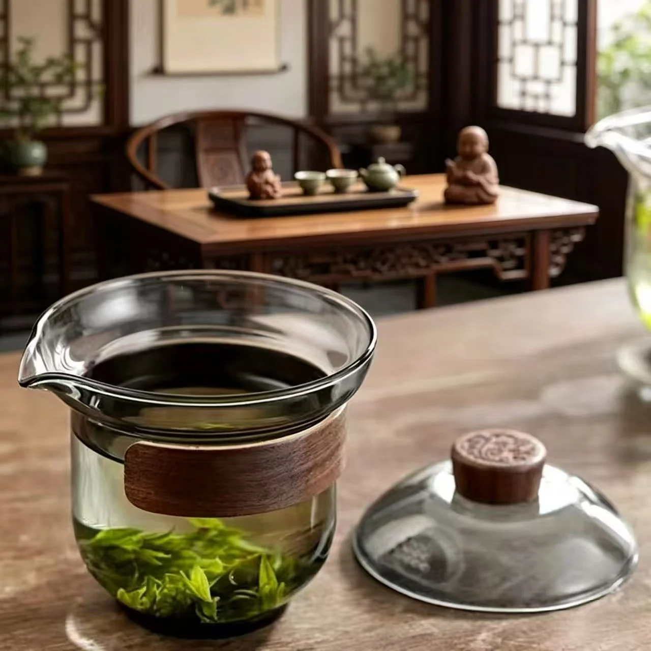 210ml High Boron Silicon Glass Gaiwan Tea Cup Cover Wooden Heat Insulation Chinese Tea Bowl Tureen Taste Tea Teaware