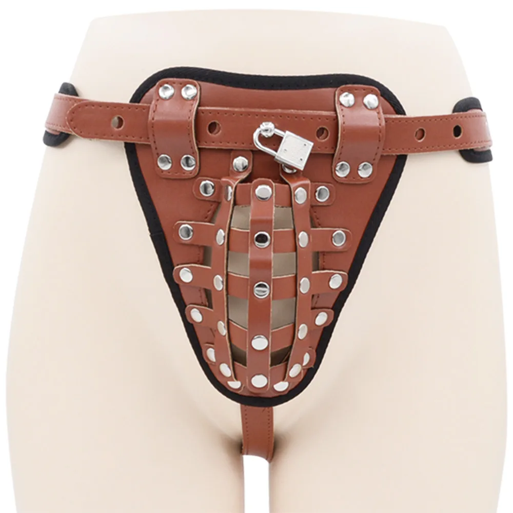 Male Leather Thong Fetish Sexy Hollow Out PU Panties Erotic Caged Harness Chastity Leather Mens Jockstrap G-string with Lock