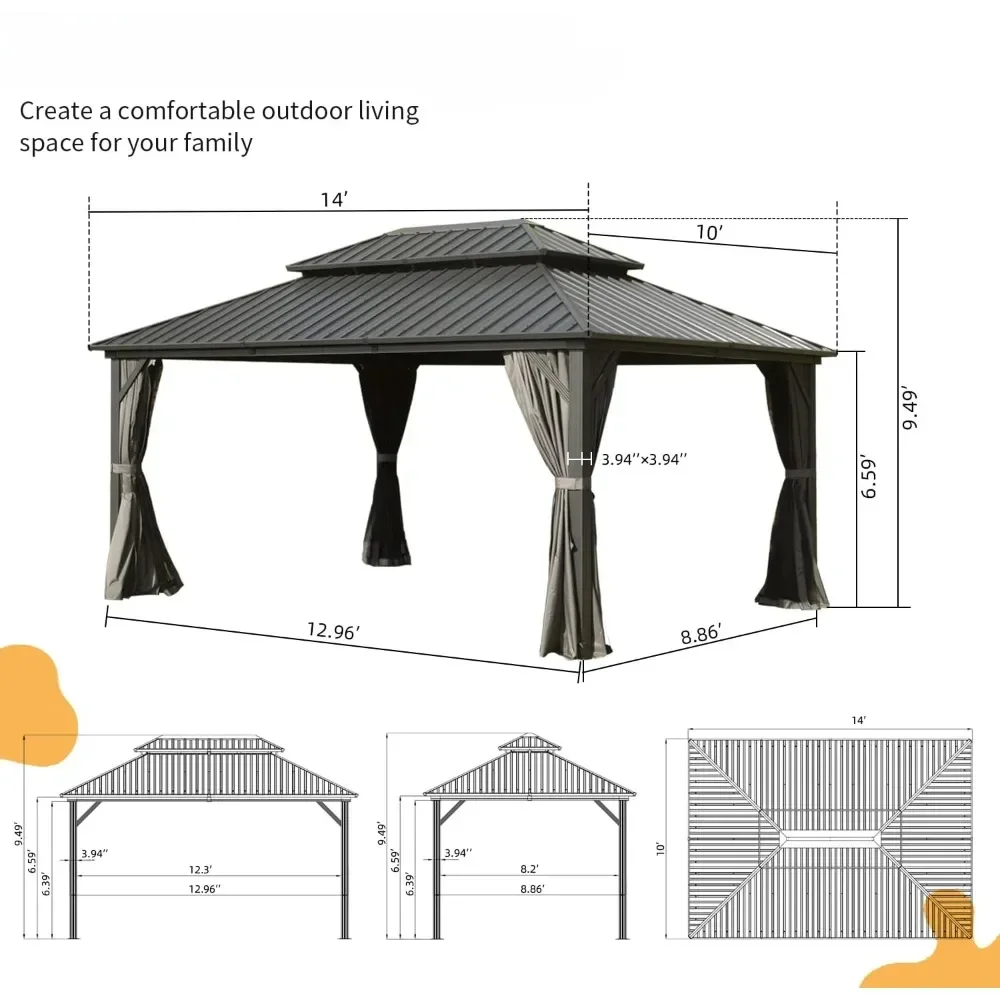 Gazebo con tapa dura de 10' x 14', cenador de metal de aluminio con dosel de techo doble de acero galvanizado, cortina y red, pabellón permanente