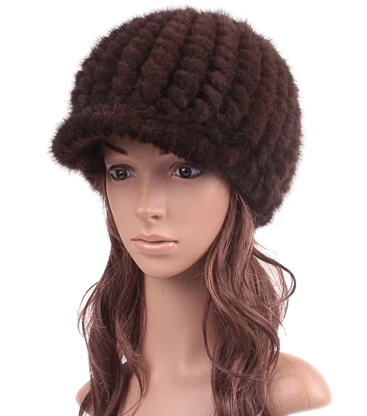 Casual Women Real Knitted Mink Fur Visors Cap Female Winter Warm Thick Millinery New Fashion Elegant Brim Hat Girl