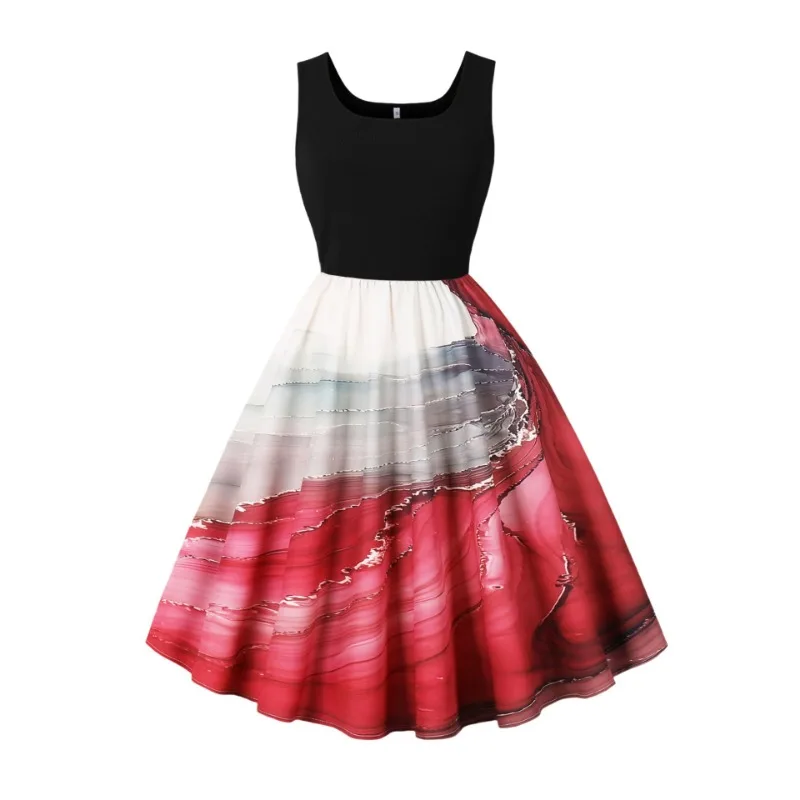 2025 Nieuwe Zomer Hepburn Retro Vrouwen Tank Top Kraag Mouwloze Jurk Streetwear 50 S 60 S Zwart Splice Print grote Hanger Jurken