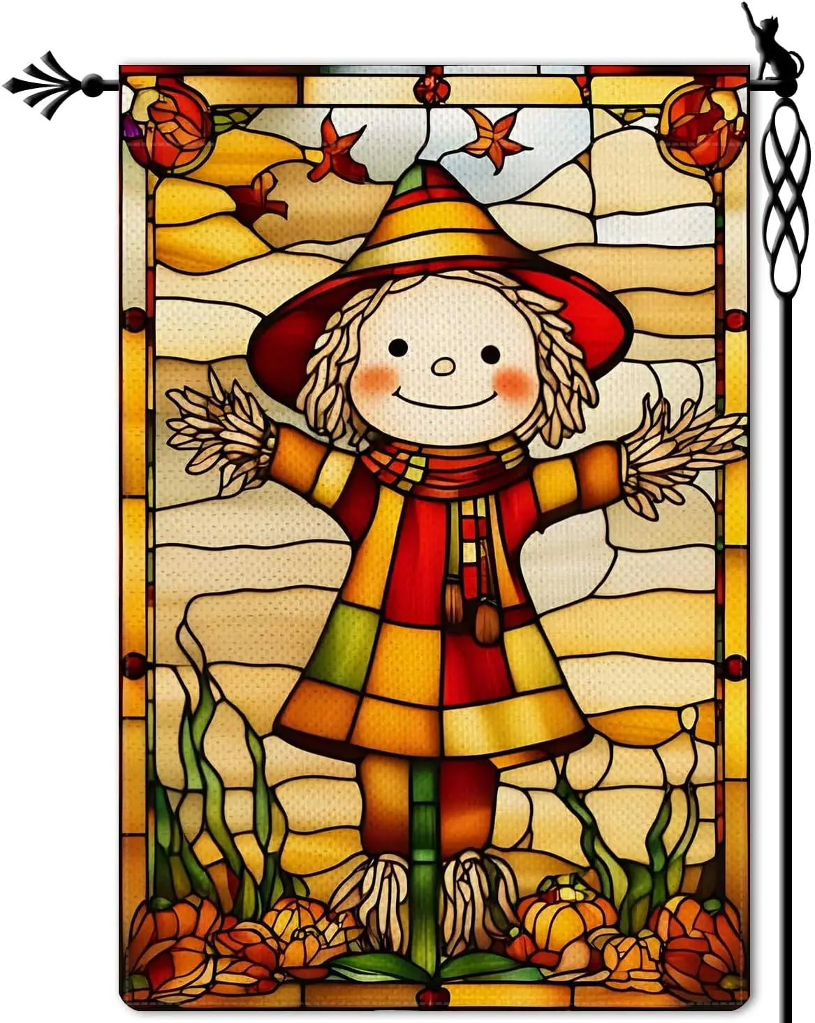 Fall Scarecrow Garden Flag Autumn Maple Leaf Garden Flag Stained Glass Style Vertical Double Sided Rustic Farmland Burlap Ya PPM