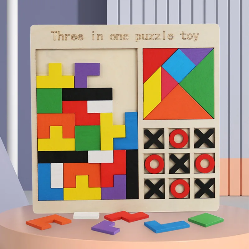 Rompecabezas de madera para niños, juego Tetris tangram, ajedrez, rompecabezas tres en uno, bloque de construcción, juguete de educación temprana, bloque de construcción