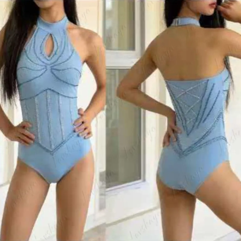 High-end Sparkly Blue Gymnastics Suit Women Professional Sports Performance