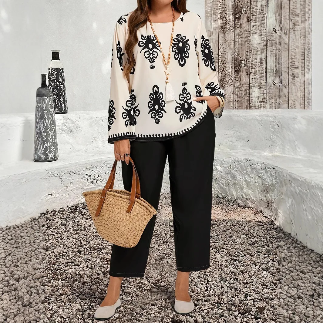 

Комплект из двух предметов больших размеров для женщин, весна-лето, топ с круглым вырезом и длинными рукавами с принтом, праздничные повседневные комплекты брюк в этническом стиле