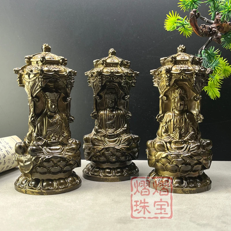 Antique-style Western Buddha statues in imitation copper color, featuring three saints, one Buddha, and two Guanyin statues, for