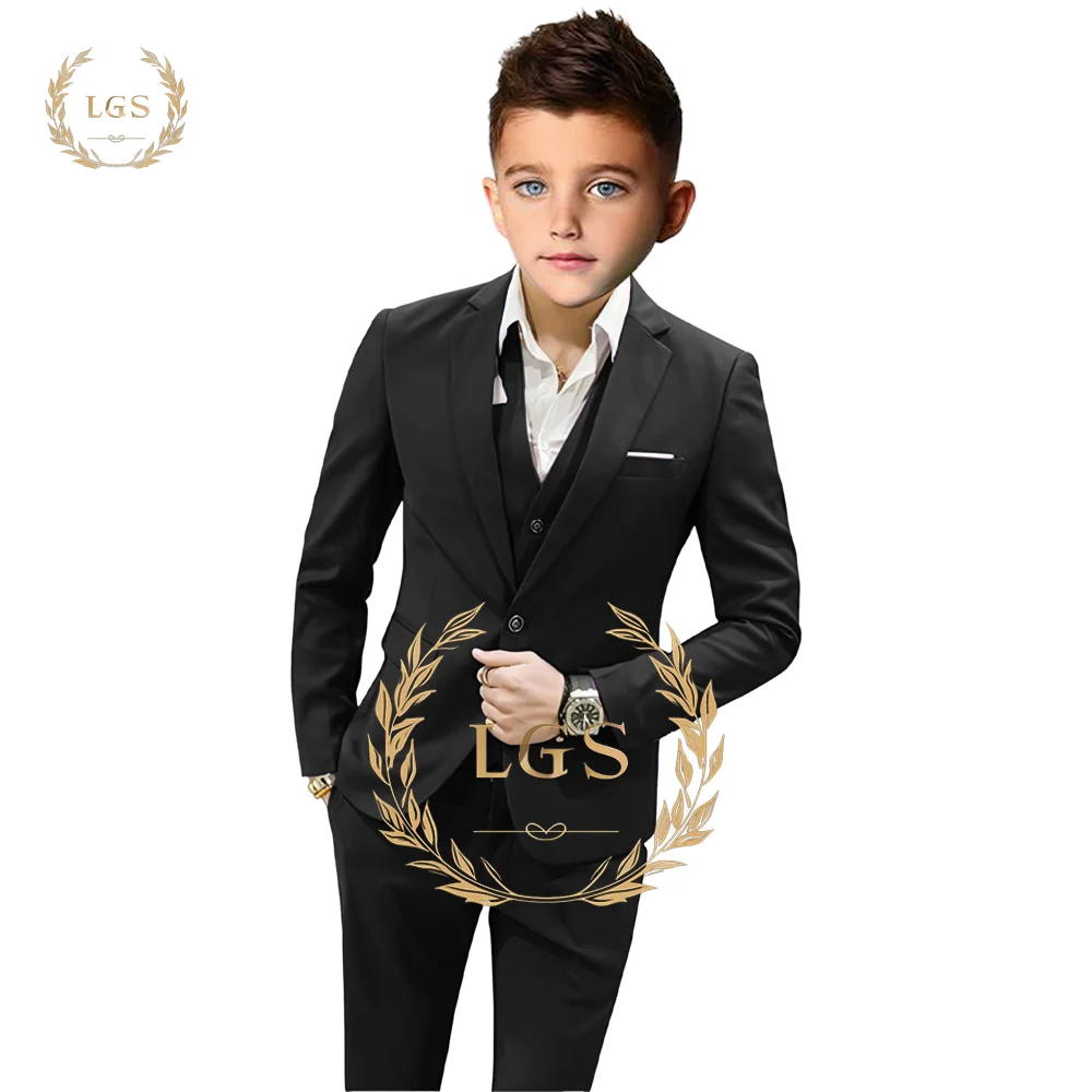 Black boys' formal 3-piece suit - jacket + vest + pants, formal occasion wear, handmade customized boy's suit