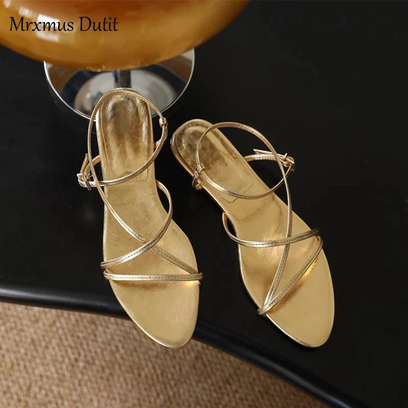 Mrxmus Dutit Women\'s Shoes 2023 Summer New Metallic Multi-Strap Design Flat Fashion Sandals
