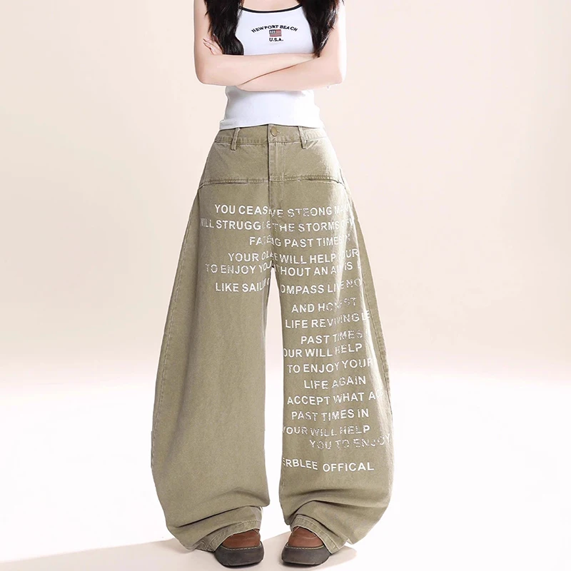 Girls Chic Letter Printed High Waist Jeans New Female Baggy Straight Leg Denim Trousers Women Classic Retro Fashion Pants