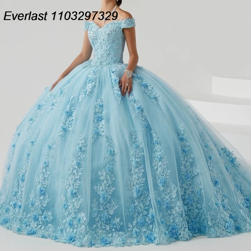 

EVLAST Glitter Turquoise Quinceanera Dress Ball Gown 3D Flowers Applique Beading Corset Sweet 16 Vestidos De XV 15 Anos TQD711