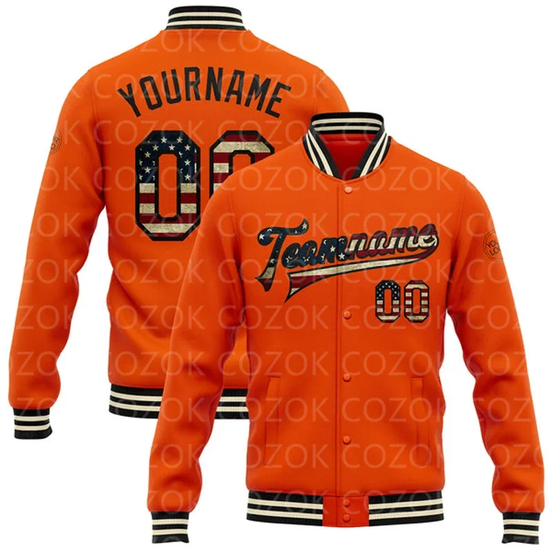 Custom Orange Light 3D Printed Baseball Button Jacket Bomber Full-Snap Varsity Letterman Jacket