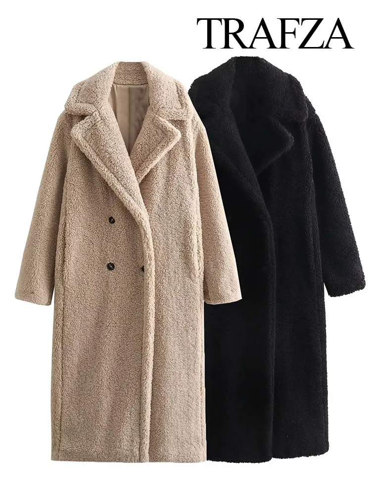 

TRAFZA Faux Lamb Wool Long Jackets Women Fall Winter Casual Long Sleeve Teddy Coat Warm Windproof Covered Button Lapel Outwear