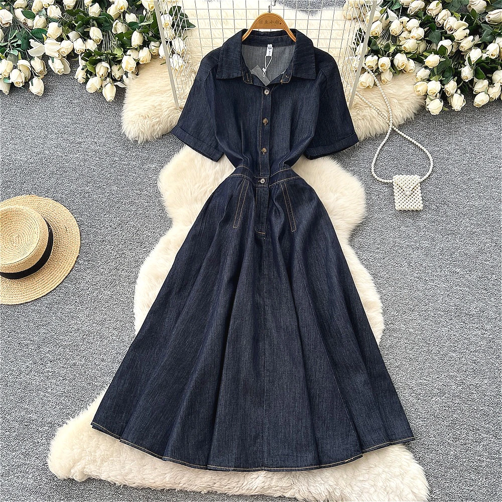

Long Dress Women Denim Dresses A Line Vestidos Y2k Streetwear Elegant Splice Party Night Work Turn Down Collar Short Sleeve