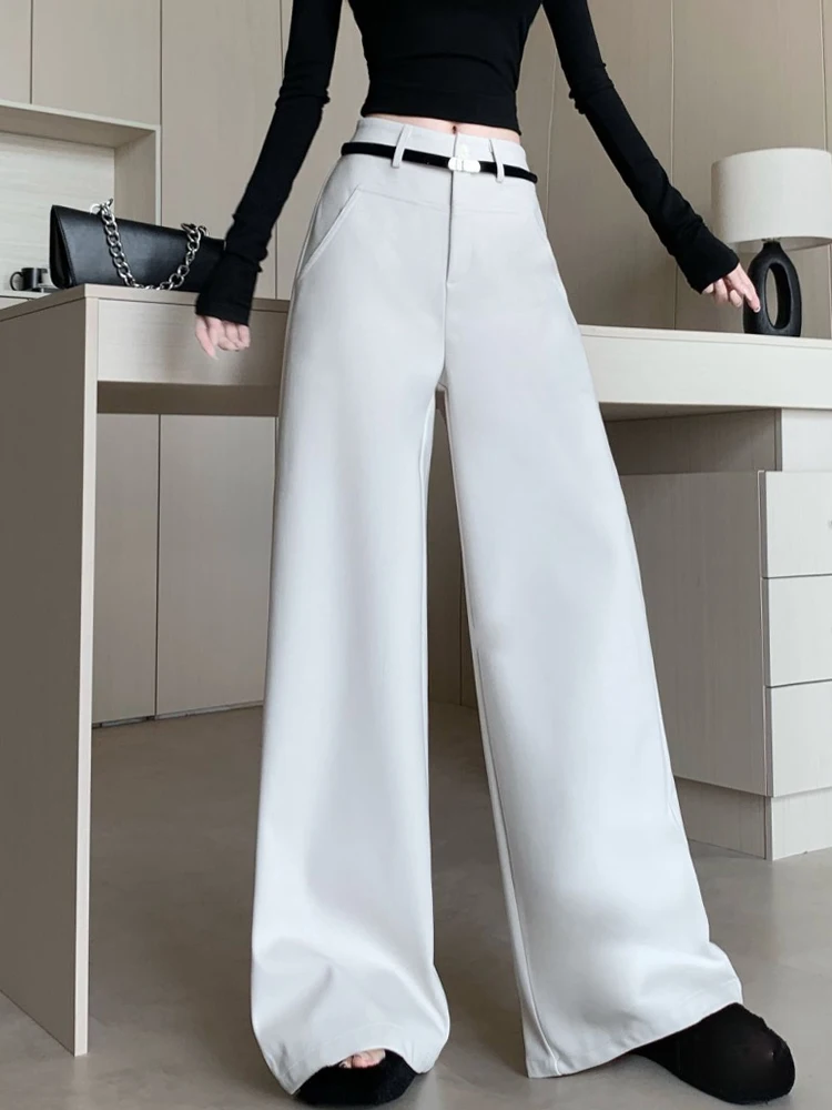 Woolen casual pants women autumn and winter high waisted versatile loose straight leg narrow version floor length pants