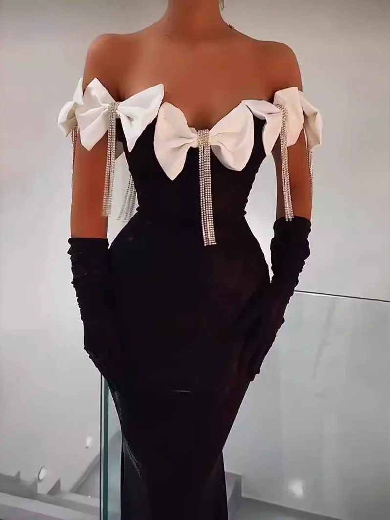 

New One-shoulder Hip Skirt Bow Tassel Diamond Bandage Dress Celebrity Party Long Evening Dress Women Elegant Little Black Dress