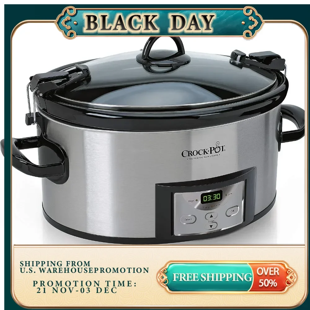 

6 Quart Cook & Carry Programmable Slow Cooker with Digital Timer, Easy to use Locking Lid, Stainless Steel Multi-Functional Pot