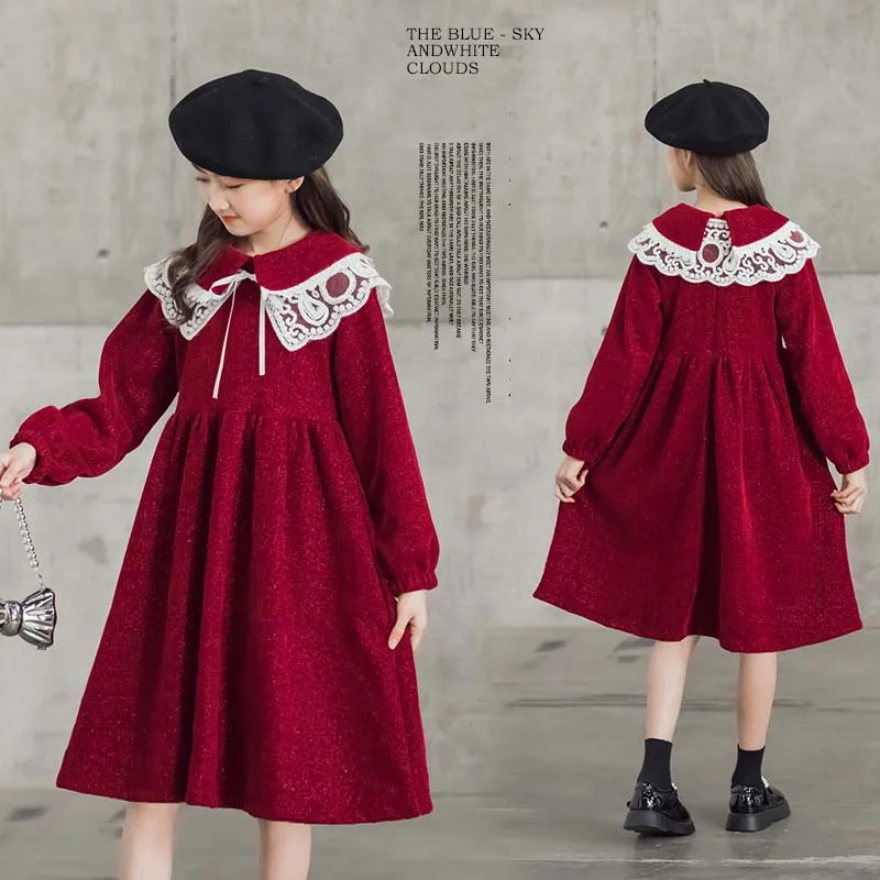 Autumn Winter Junior Girl Princess Dress Gold Chenille Dress School Girl Lace Hollow Out Lapel Long Sleeve Dress Girl Dress