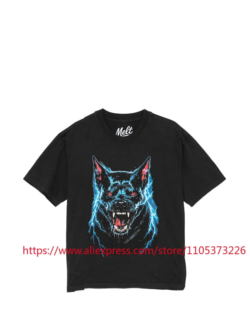 2026 New Melt Lightning Wolf Print T-Shirt Vintage Washed Casual Loose Fit Cotton Crew Neck Short Sleeve Top