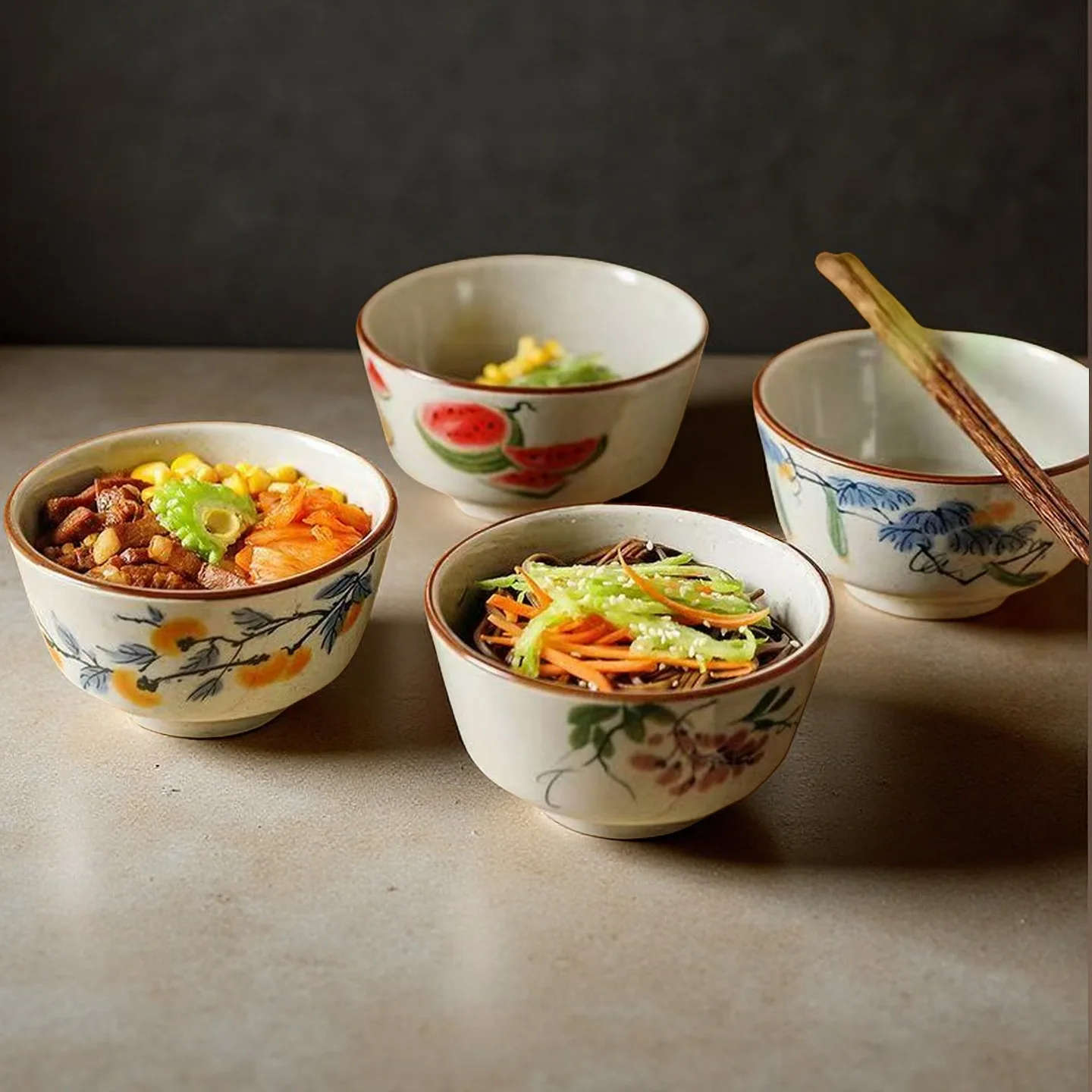 

New Chinese Retro Ceramic Rice Bowl Hand Painted Underglaze Color Dessert Salad Soup Noodle Bowl